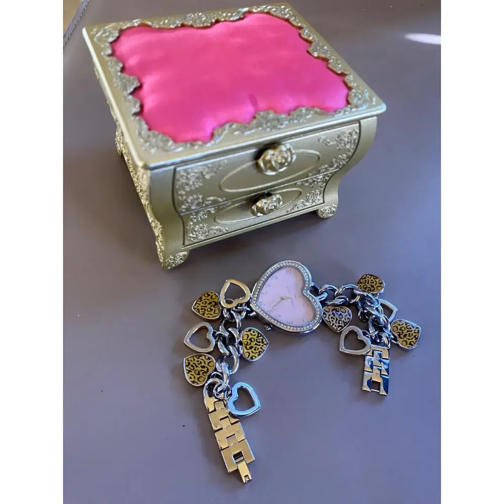 RARE BETSEY JOHNSON Cheetah Heart Charm Watch, Chain, Original Gold / Pink Chest